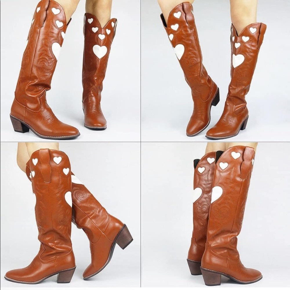Mid Calf Chunky Heel Cute Heart Cowgirl Boots